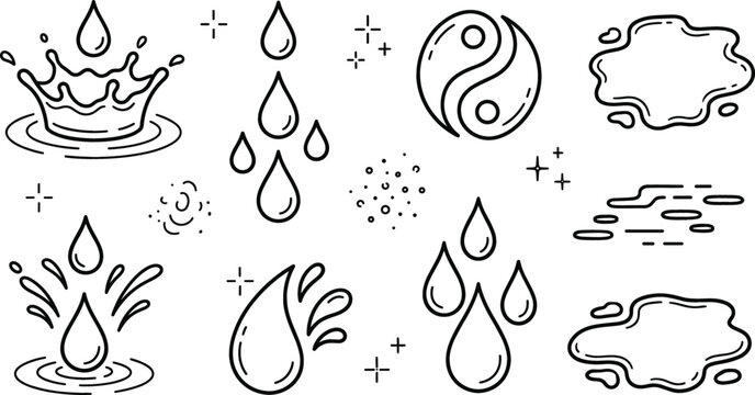Water drop splash ripple icon set vector illustration line art doodle with yin yang puddle rain liquid fluid