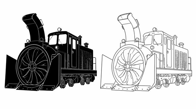 Rotary Snowplow Train Illustration in Black and White Outline