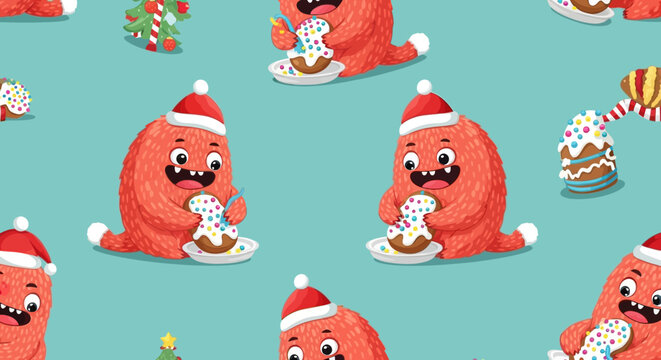 Cute Christmas Monster Wearing Santa Hat, Eating Festive Cupcake, Seamless Pattern