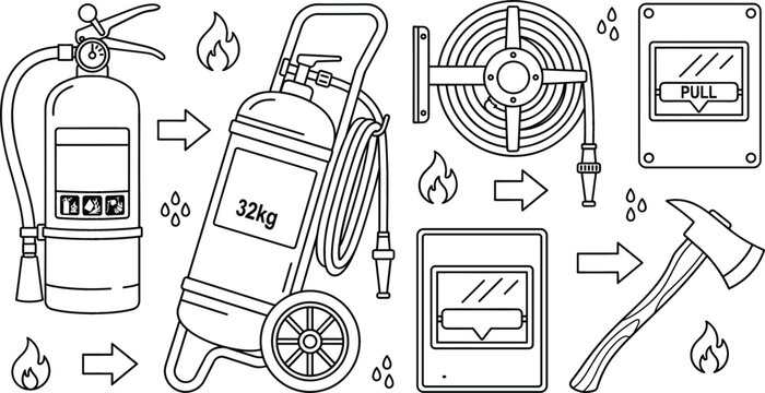 Fire extinguisher hose reel icon set vector illustration line art doodle with axe alarm box safety hydrant equipment