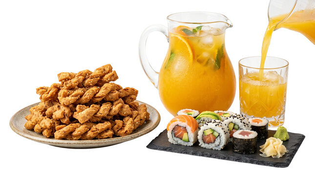 Fresh sushi rolls with salmon and avocado, orange juice pitcher with citrus slices, crispy fried dough twists on ceramic plate isolated on White Background