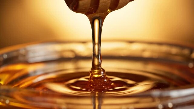 Golden honey dripping from a wooden dipper into a glass jar, macro shot showing viscosity and sweet liquid, warm amber glow background