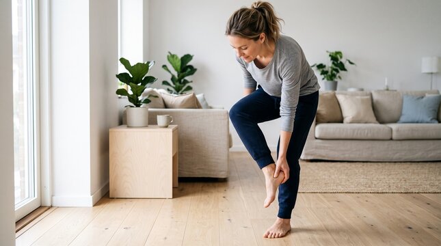 Woman touching her aching foot while standing in a bright home living room