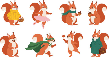 Cute red squirrel cartoon character collection wearing various costumes including superhero ballet dancer and winter sweater © Moner