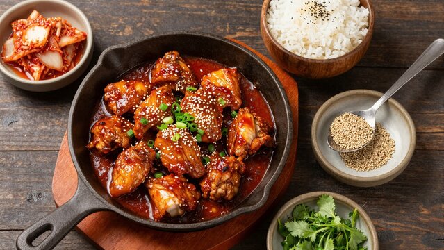 Top-down shot of spicy Korean buldak chicken wings in a cast iron skillet, garnished with sesame seeds and green onions. Served with rice, kimchi, and fresh herbs on rustic wood.