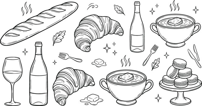 French food cuisine icon set vector illustration line art doodle with baguette croissant wine soup macaron butter fork