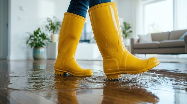 A woman in yellow rubber boots wading through a flooded room after a burst pipe.