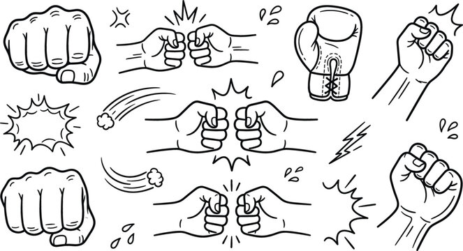 Fist punch boxing glove icon set vector illustration line art doodle with hand strike clash power fight bump