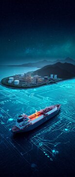 Isolated energy: gas tanker docked on a solitary storage island.