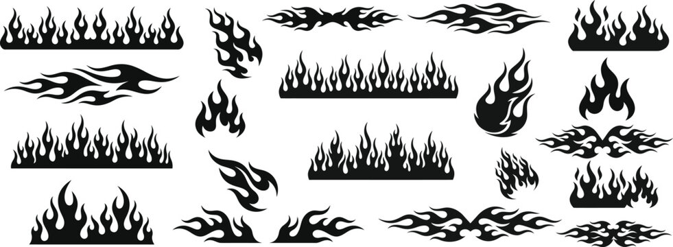 Flame silhouettes in classic 90s style, motorcycle and hot rod car style. Old school, retro tattoos. Black and white flame silhouette and outline style. Retro fire aesthetics, with flames. Vector set