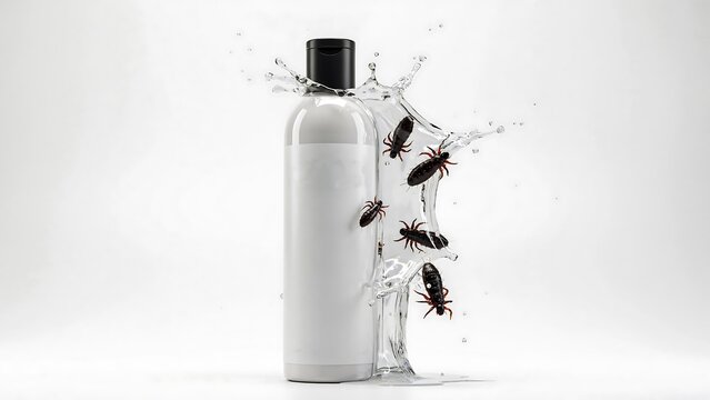 White insecticide spray bottle with flying cockroaches and liquid splash for household pest control concept
