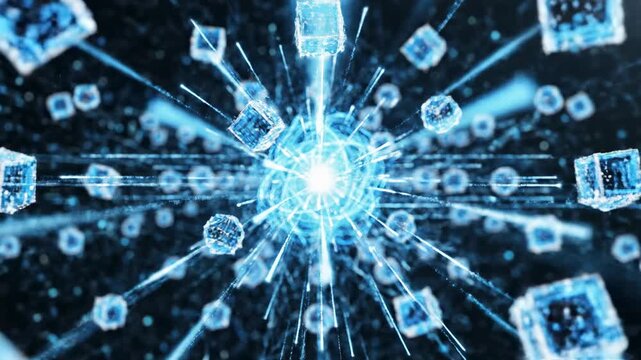abstract glowing blue cubes forming a network, data transfer, digital transformation, decentralized technology, futuristic concept