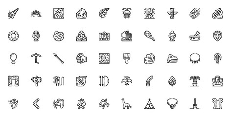 Prehistoric icon set. Minimalist vector icons pack. Includes symbols for dinosaur, fossil, cave, volcano, mammoth, pterodactyl, spear, axe, bow, arrow and more. Editable stroke. © wang