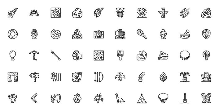 Prehistoric icon set. Minimalist vector icons pack. Includes symbols for dinosaur, fossil, cave, volcano, mammoth, pterodactyl, spear, axe, bow, arrow and more. Editable stroke.