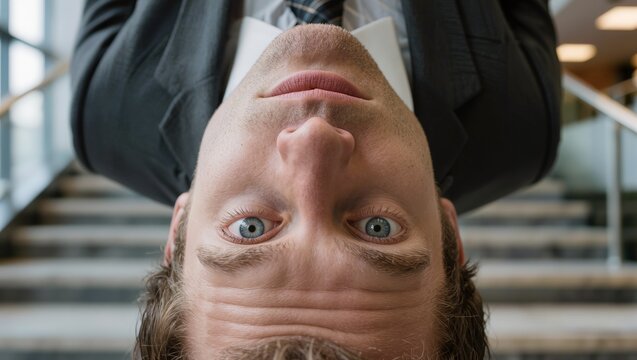 Close-up portrait of an intense male executive with blue eyes, looking directly into the camera. Concept of unconventional business decisions, disrupting the status quo, and a unique perspective