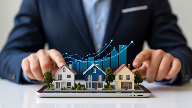 Businessman presenting residential property models representing real estate investment and housing development concept