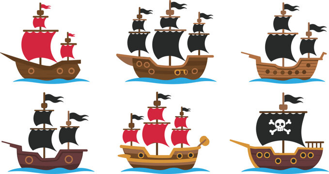 Vintage pirate ships vector illustration, cartoon sailing vessels with skull flag set, historic maritime ocean transport design