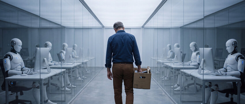 Dismissed worker leaving automated robot office with his belongings in a cardboard box, walking down a futuristic corridor lined with humanoid AI employees at desks, conceptual photo