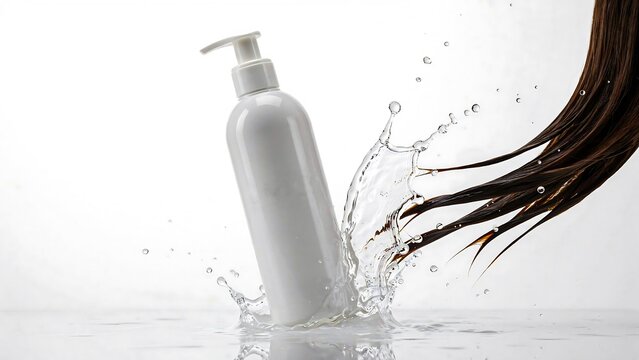White cosmetic pump bottle with water splash and flowing brown hair for shampoo conditioner and haircare product concept