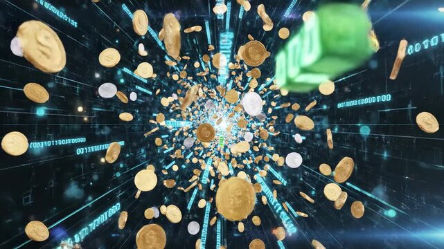 Digital gold coins and binary code tunnel, financial technology and cryptocurrency abstract background with glowing numbers