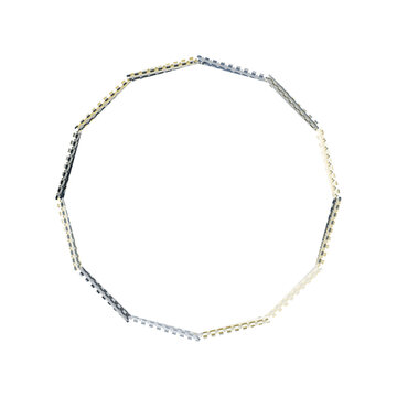 Geometric frame consisting of metallic segments forms a perfect decagon on a clean white background.