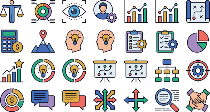 Business strategy and financial analytics vector icon set with charts marketing plan brainstorm ideas and data