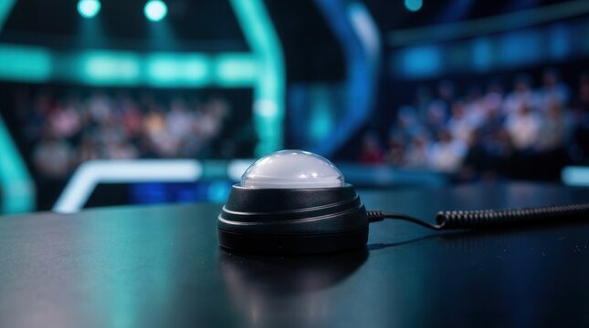 Close-up of a quiz buzzer on a table during a game show event.
