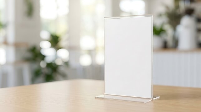 Empty menu tent card stand mockup on a wooden table in a cafe with blurred background.
