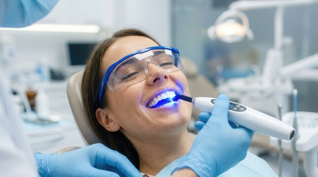 A dentist using a dental polymerization lamp on a patient in the oral cavity.