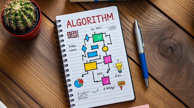 Algorithm flowchart planning concept with notebook on wooden desk and office supplies