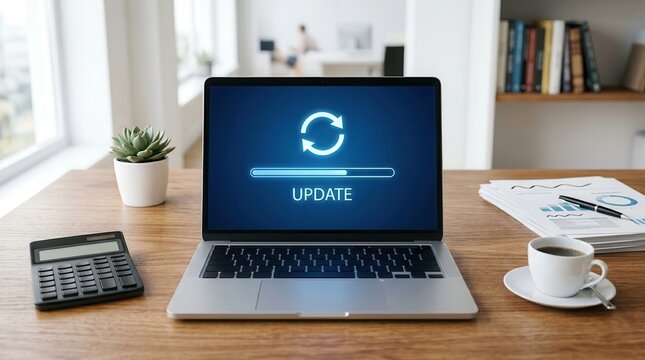 Person using a laptop with a software update progress interface for digital transformation.