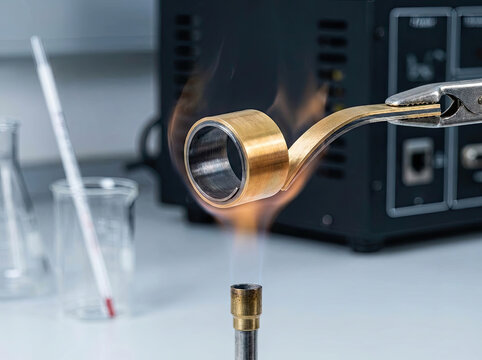 Bimetallic strip curling in heat with flames and tools, showcasing scientific experiment