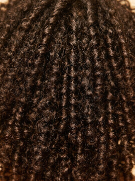 Curly textured hair closeup showcasing rich, dark coils and natural beauty