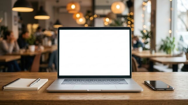 Laptop with blank screen on a wooden table in a workspace environment.