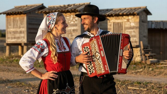 Um casal vestido com trajes tipicos portugueses, celebrando a cultura folclorica junto a espigueiros rurais tradicionais.