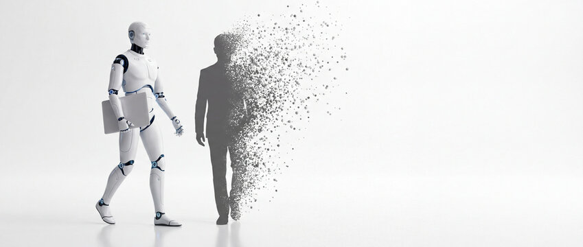 AI robot replacing dissolving human silhouette with a minimalist white background, symbolizing job automation and future technology transition for corporate presentations