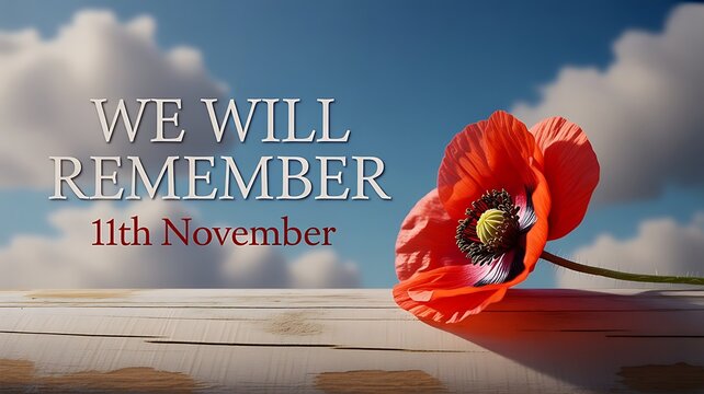 Red poppy flower on wooden table with cloudy blue sky background  remembrance day