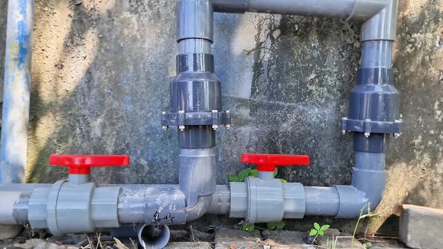 Grey PVC plumbing system featuring red handle ball valves and water pipe fittings installed outdoors against a concrete wall.