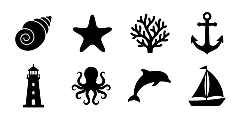Obraz premium Marine life and nautical silhouette set with anchor, sailboat, lighthouse, dolphin, octopus, starfish, coral and seashell. Sea elements icon, isolated vector illustrations.