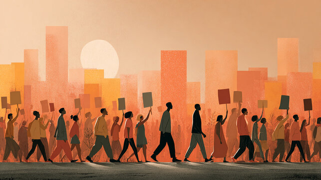 Crowd of People Marching with Signs in a City Setting with a Warm Sunset Atmosphere