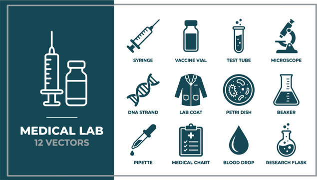 Medical Lab 12 Vectors Syringe, Vaccine Vial, Test Tube, Microscope, DNA, Lab Coat, Petri Dish, Dropper, Medical Chart, Blood Drop, Flask