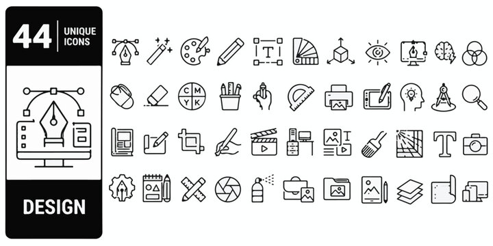Graphic design and creative tools thin line icons set.