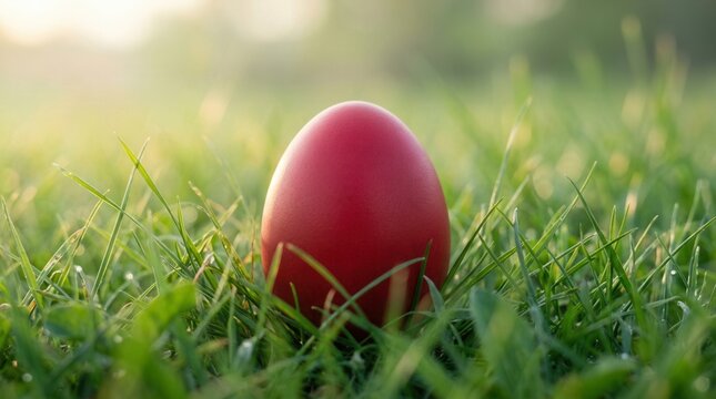 A single red egg nestled in lush green grass under soft morning light.