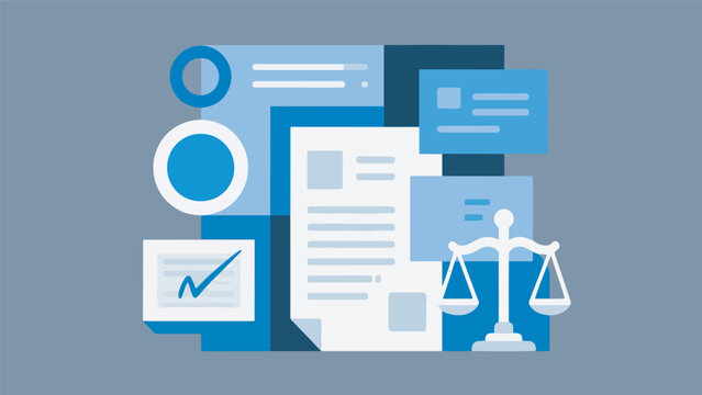 Illustration Of A Digital Legal Ecosystem With Electronic Documents And Symbols Of Justice Vector Design Template
