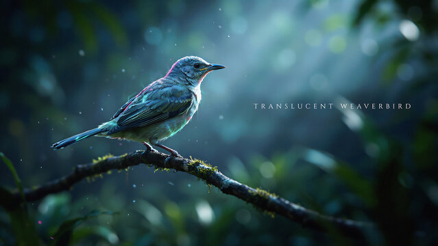 A small colorful bird perched on a mossy branch in a lush green forest with raindrops falling around it  serene natural scene