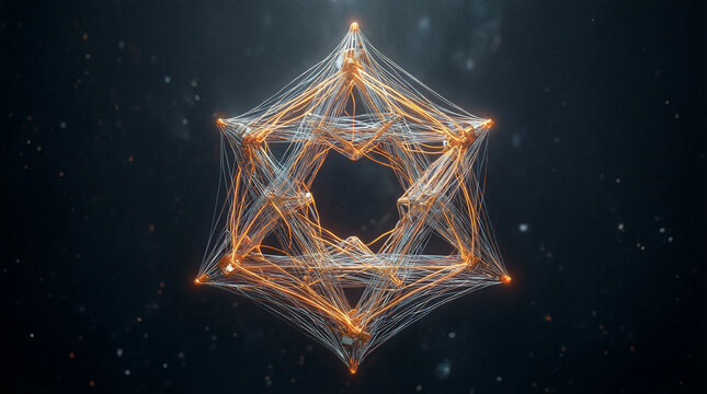 Penrose triangle network space abstract visualization of paradoxical machine learning concepts floating in a dark cosmic environment with copy space