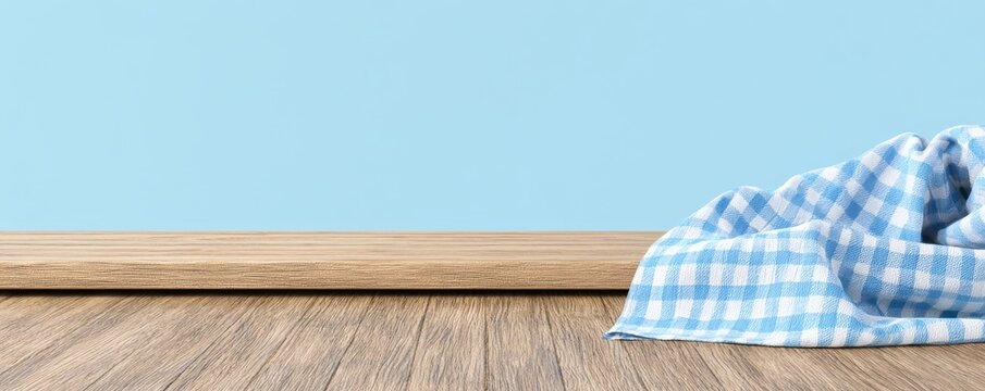 Wooden table surface featuring  blue and white checkered cloth against  soft light blue wall