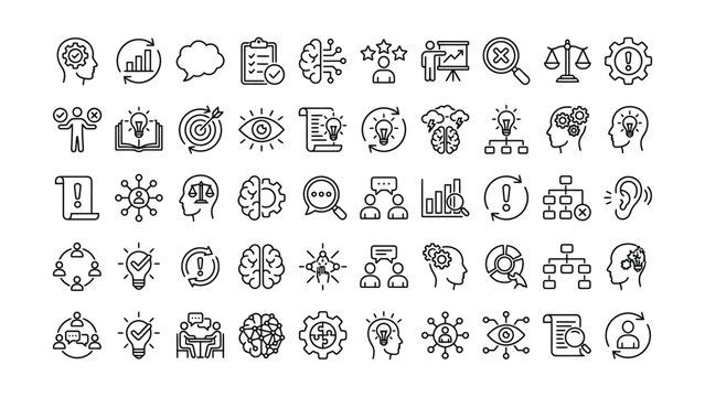 Comprehensive collection of business strategy development and human mind thought process line icons for problem solving and innovation