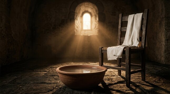 Solemn feet washing ritual for Maundy Thursday symbolizing humility and servant leadership.