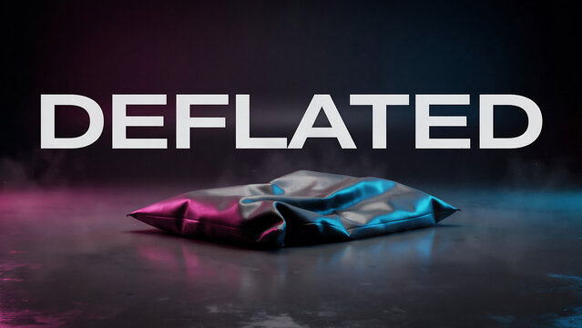 Deflated shiny metallic package on dark surface with colorful lights  empty crumpled wrapper